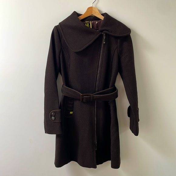 Soia & Kyo brown black wool coat big collar with zipper belt size M - Picture 1 of 14
